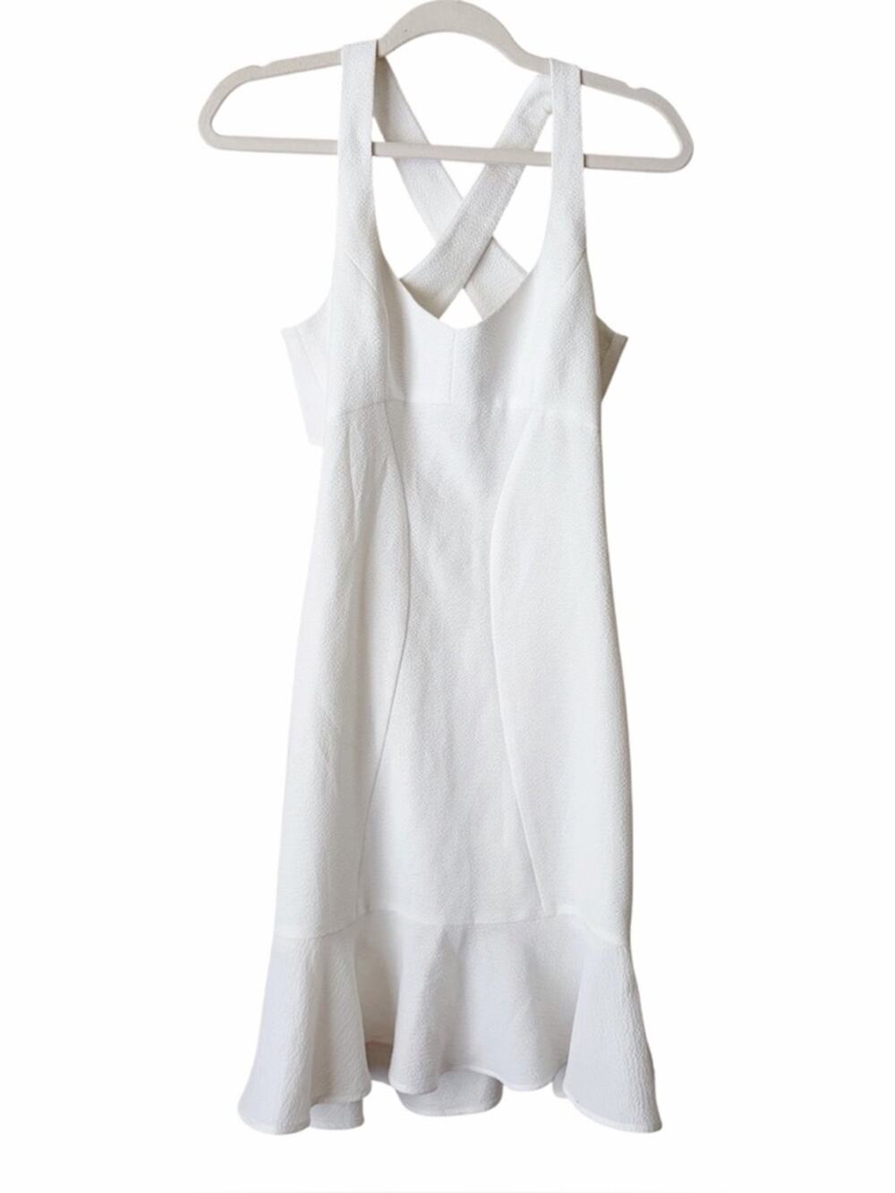 Black Halo | Textured Sheath Dress Criss Cross Back Flounce Hem Ivory Size 4